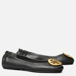 Tory Burch Women's Minnie Travel Leather Ballet Flats - Black/Gold -Vans || Clarks || Ugg Sales 13554787 5544938133697079