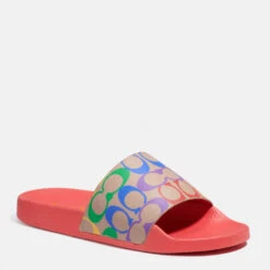 Coach Women's Udele Rainbow Coated Canvas Slide Sandals - Tan Multi/Pop Red/Miami Red -Vans || Clarks || Ugg Sales 13735671 1534960709543928