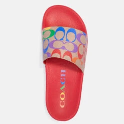 Coach Women's Udele Rainbow Coated Canvas Slide Sandals - Tan Multi/Pop Red/Miami Red -Vans || Clarks || Ugg Sales 13735671 1644960708942521